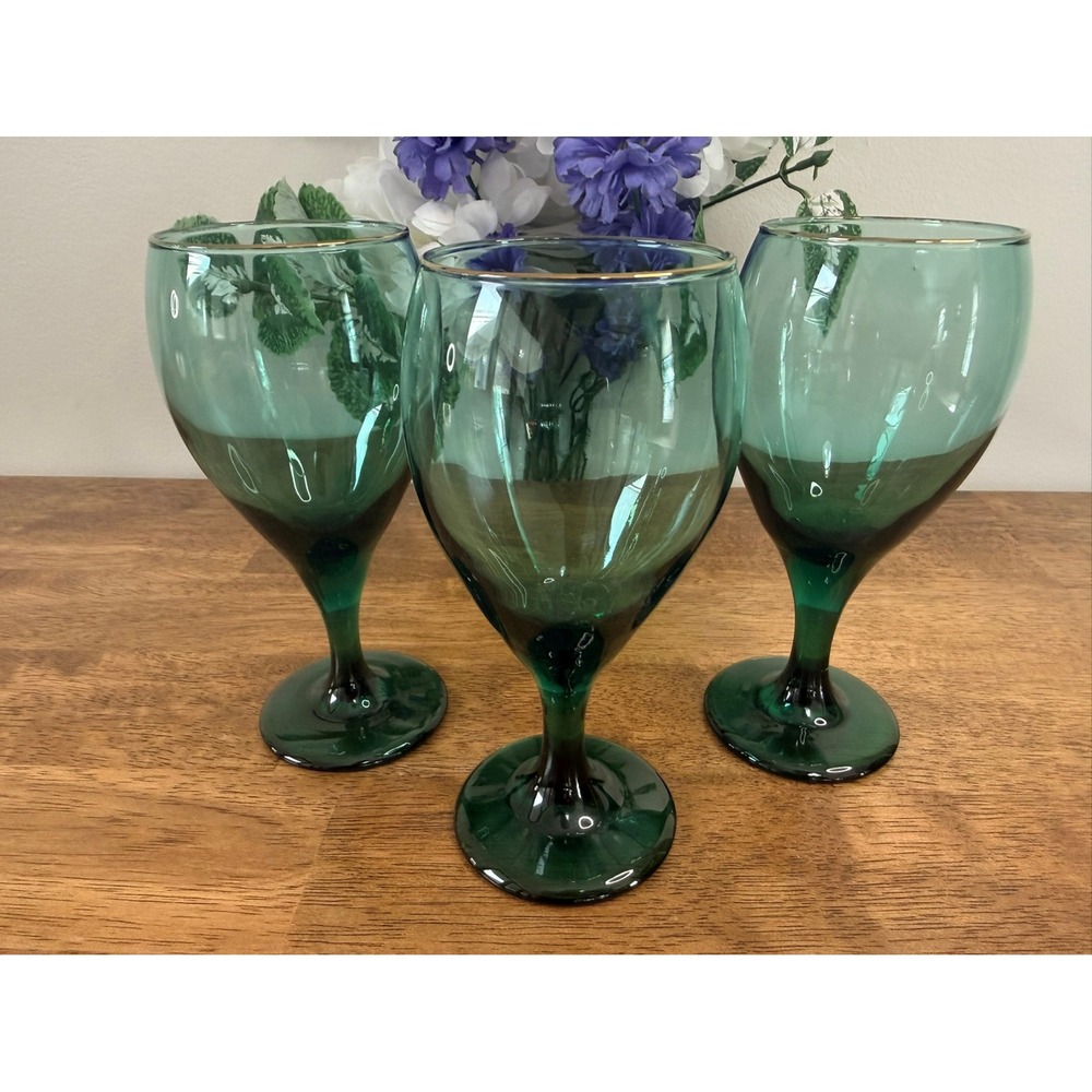 Vintage Libbey Juniper Green Gold Rim‎ Wine Glass Holiday Bar Cart Retro Barware